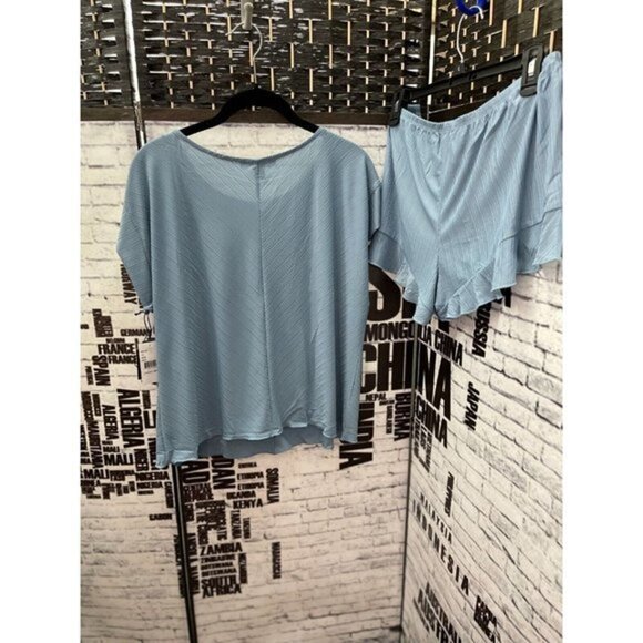 Midnight Bakery L Pajamas Set Aqua Blue Textured Cap Sleeve Top & Ruffle Shorts - Picture 4 of 6